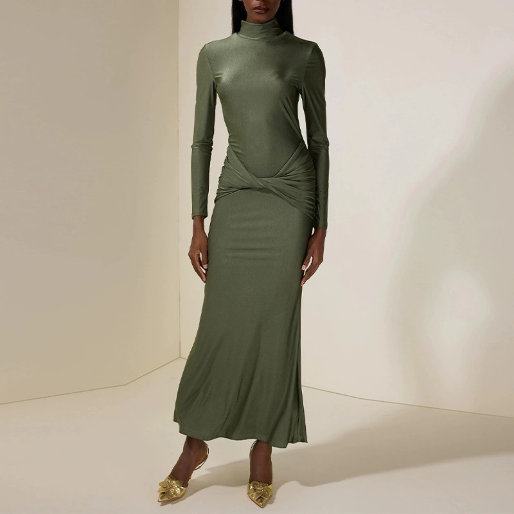 Forever 21 High Neck Green Pleated Bodycon Long-Sleeve Maxi Dress